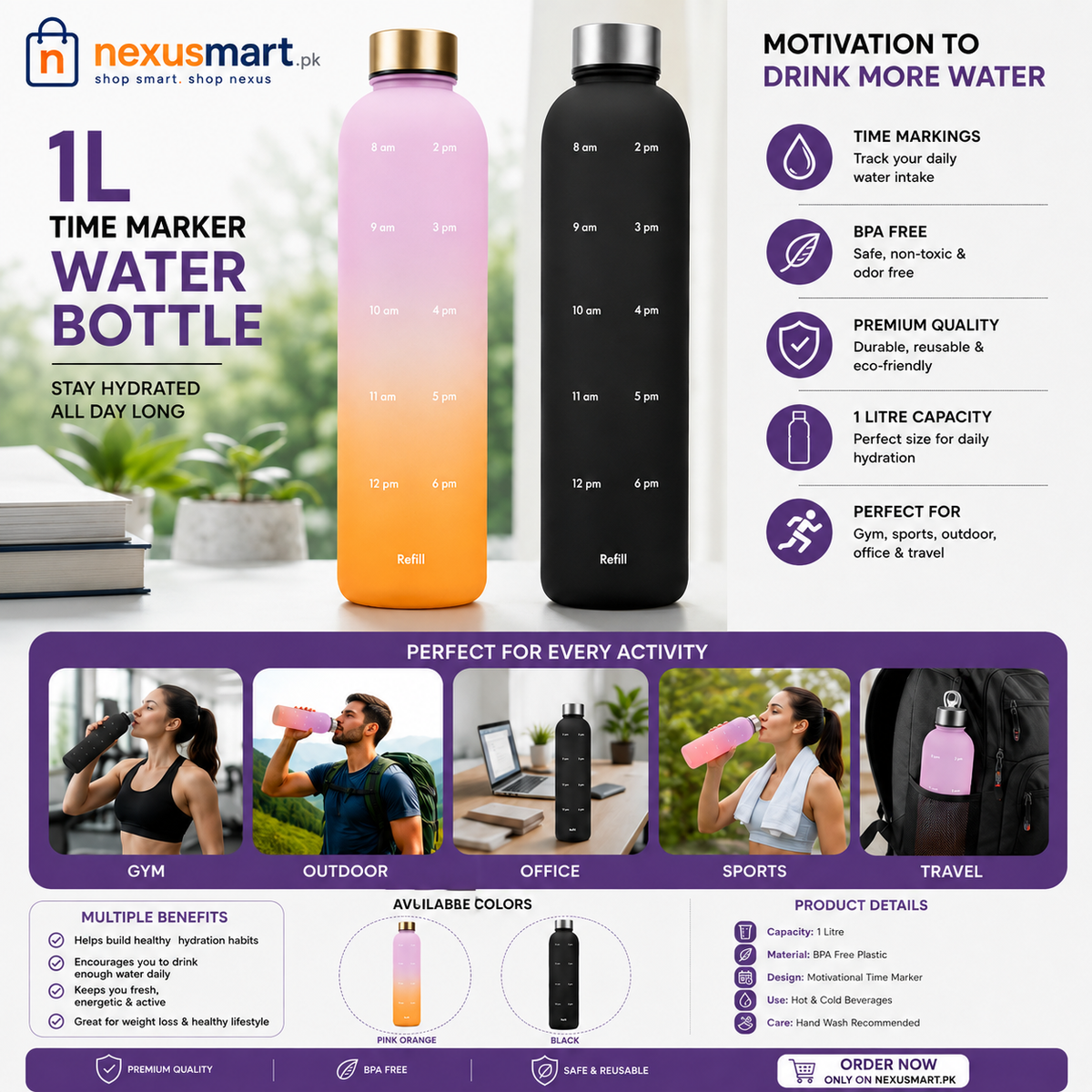 1L Time Marker Water Bottle – Motivational Sports Bottle