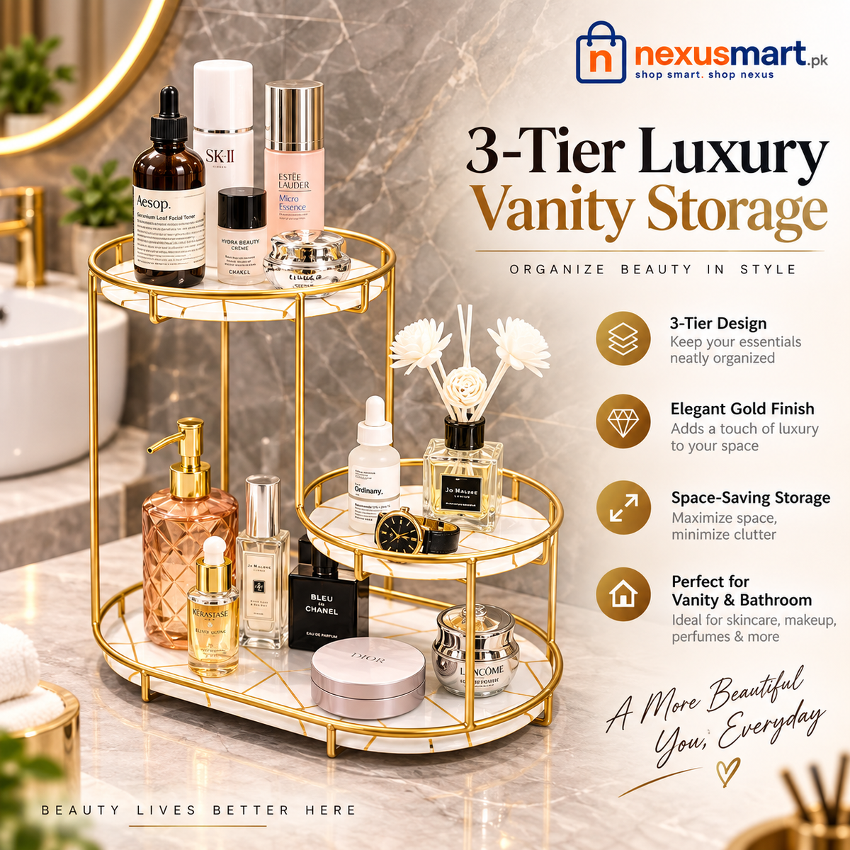 3-Tier Golden Vanity Stand – Cosmetic, Perfume & Skincare Organizer