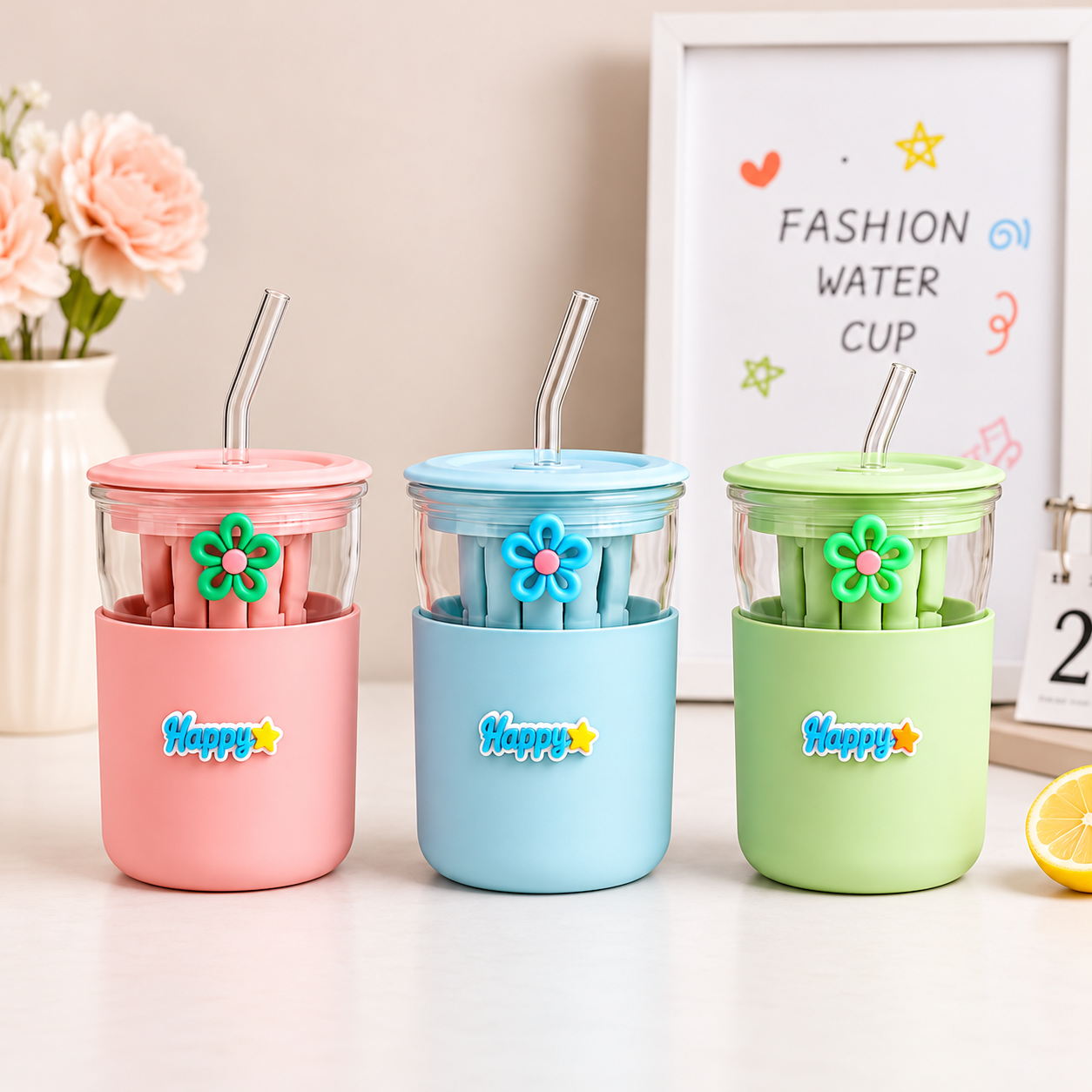 350ml Glass Straw Sipper – Cute Portable Water Bottle with Flip Lid