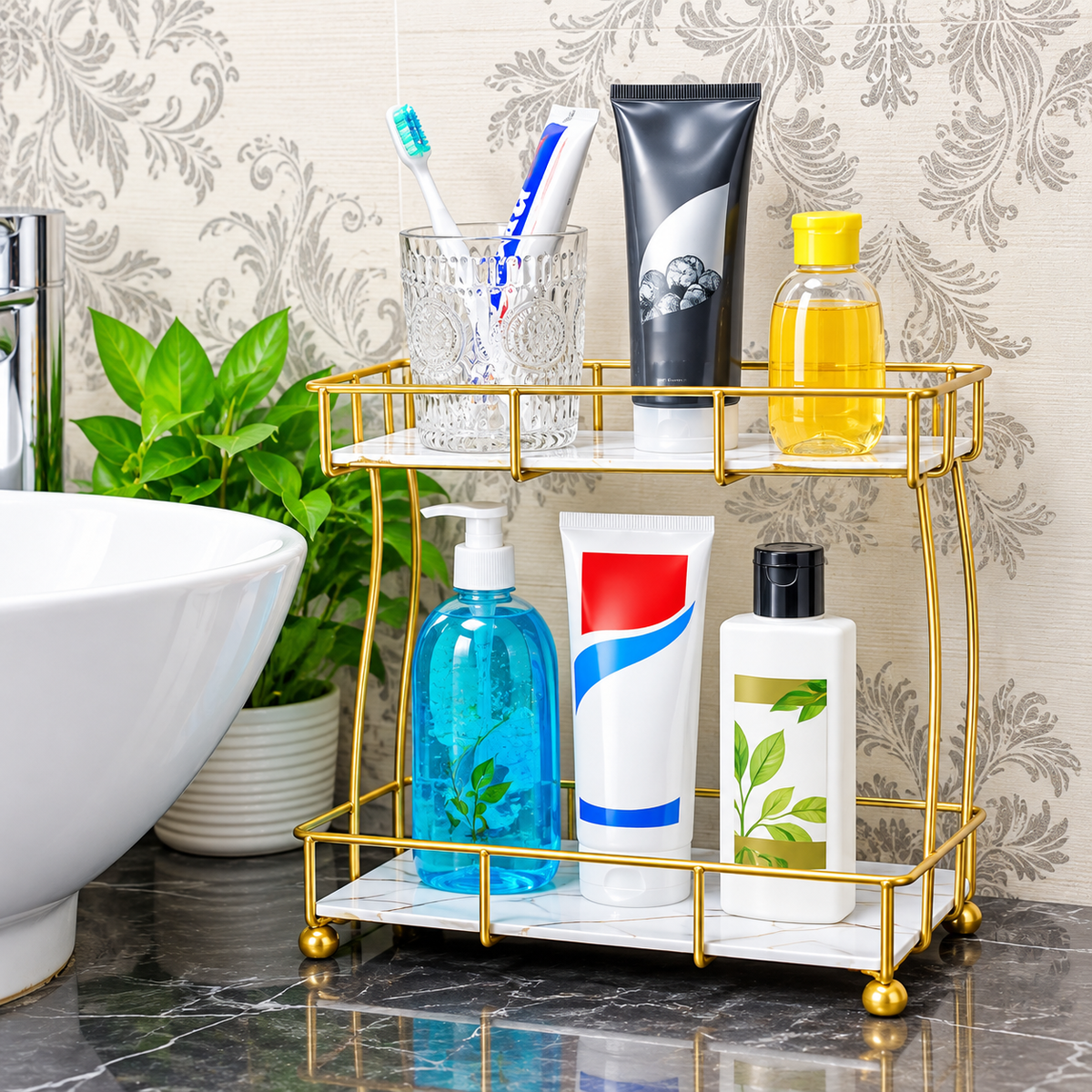 2-Tier Rectangular Golden Vanity Stand – Makeup & Cosmetic Organizer