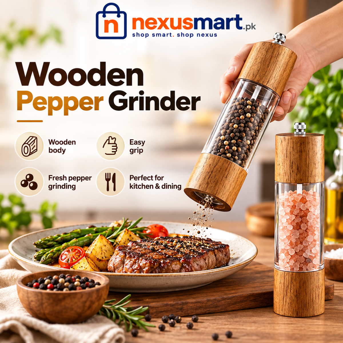 Wooden Pepper Grinder – Kitchen Spice & Pepper Mill