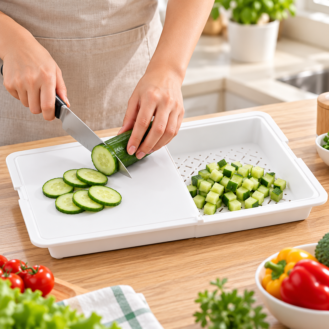 3-in-1 Cutting Board with Dual Compartments & Drainage Basket