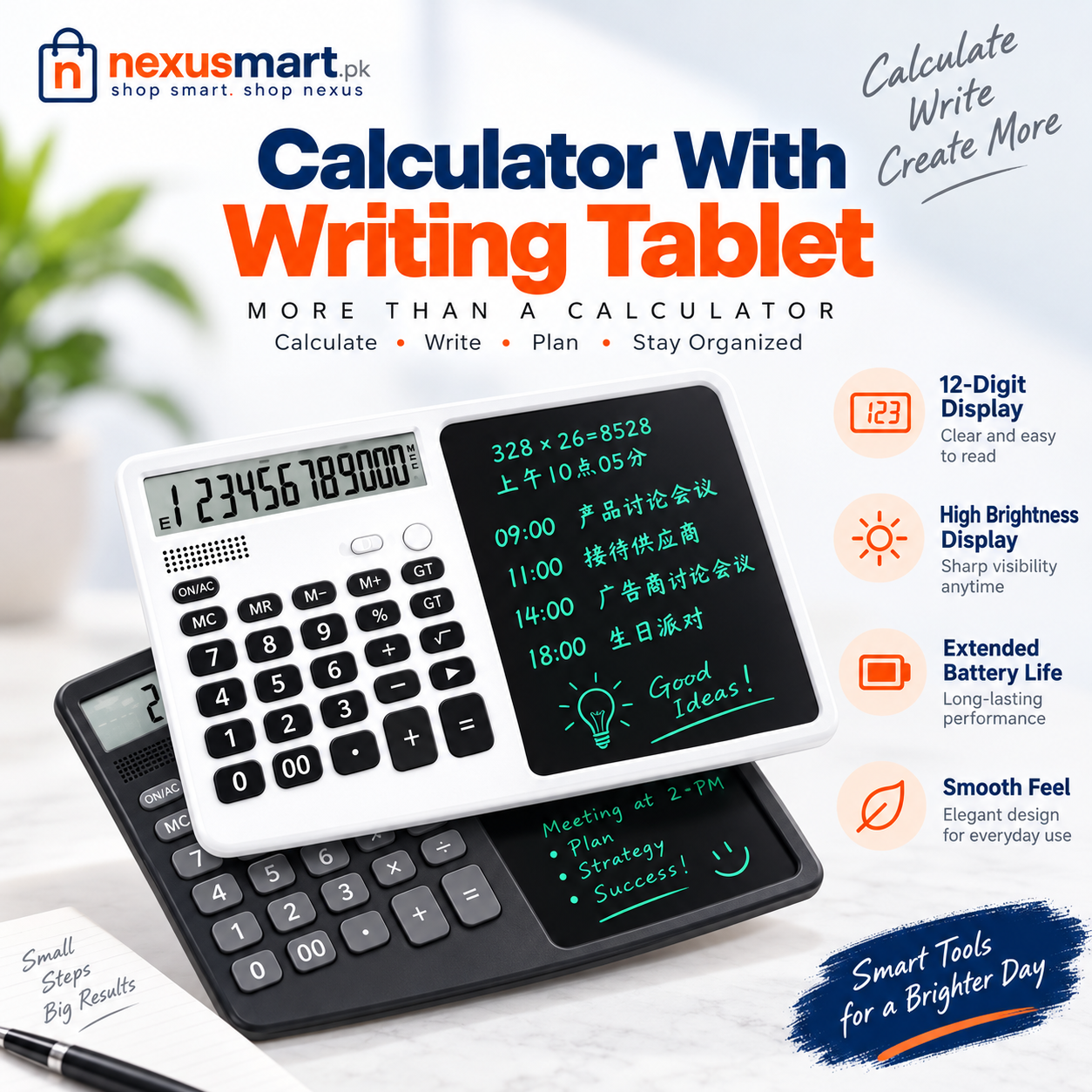 Calculator with Writing Tablet – Portable 12-Digit LCD Calculator