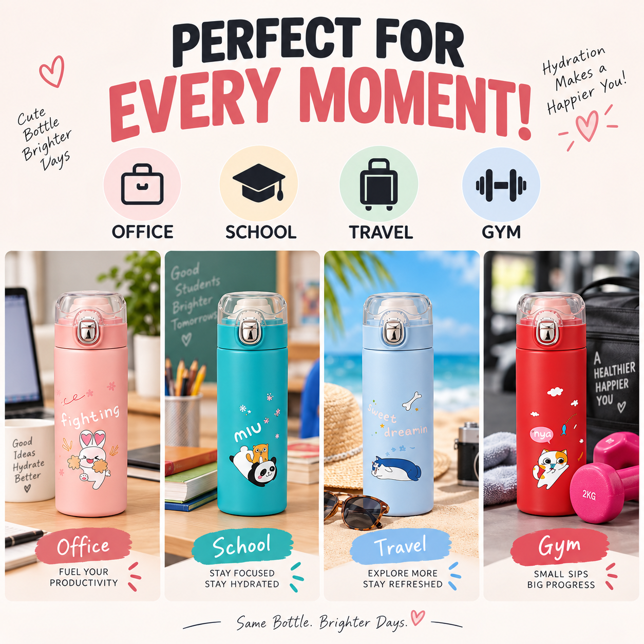 420ml Cute Printed Stainless Steel Water Bottle – Compact Reusable Drink Bottle