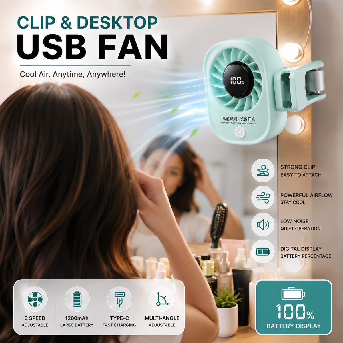 2-in-1 Clip & Desktop Portable Turbo Fan – Digital Personal Fan