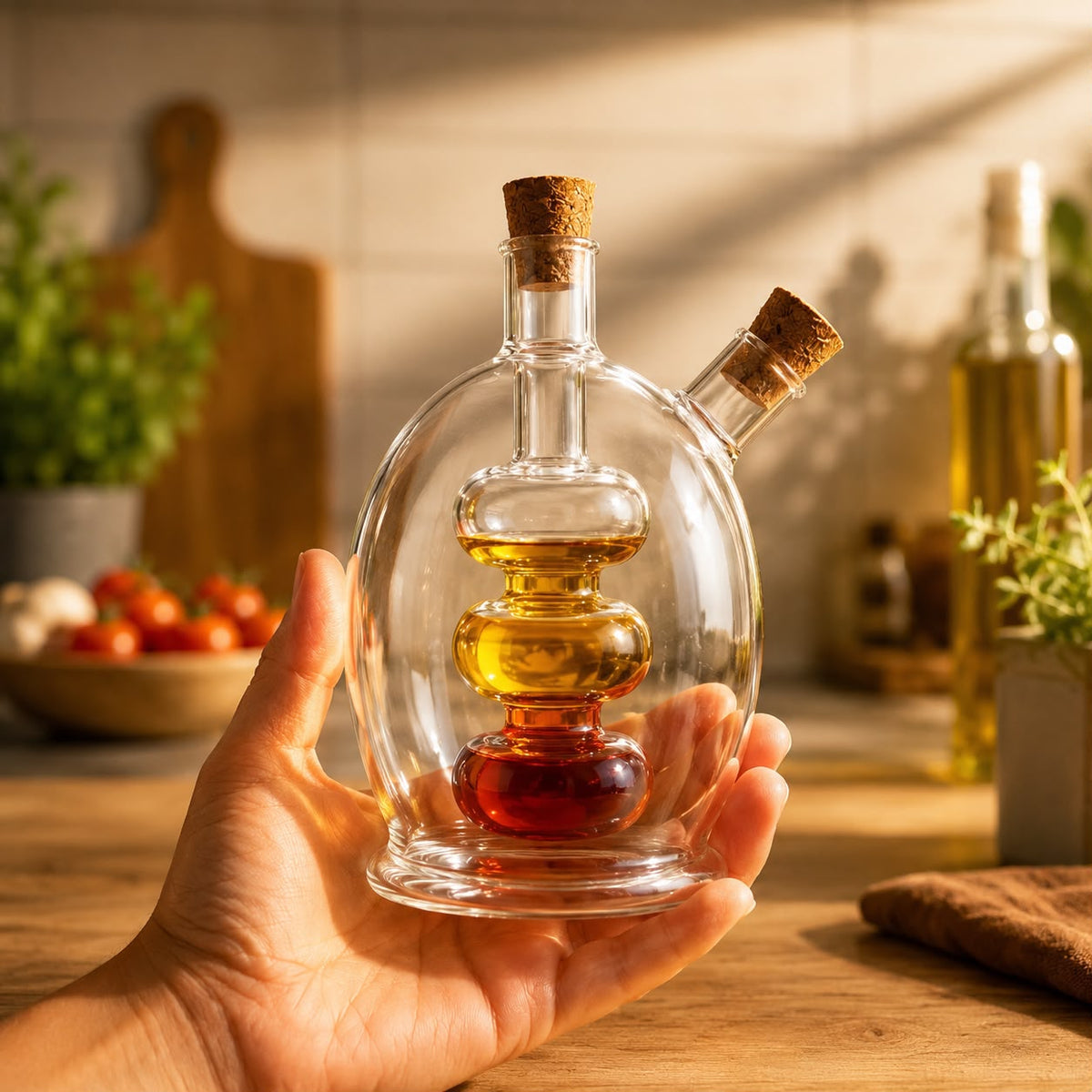 New Luxury 2-in-1 Double Mouth Glass Oil & Vinegar Dispenser with Cork Stoppers