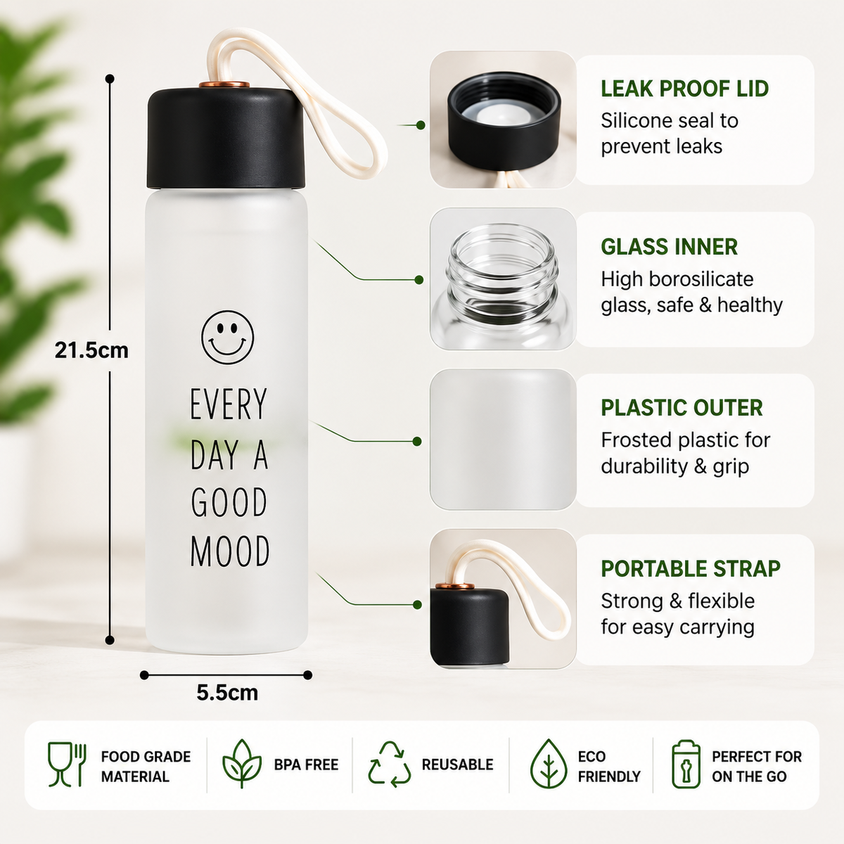 400ml Glass Water Bottle – Compact Reusable Drinking Bottle