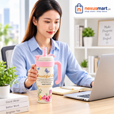 1000ml Insulated Vacuum Floral Tumbler with Handle & Straw
