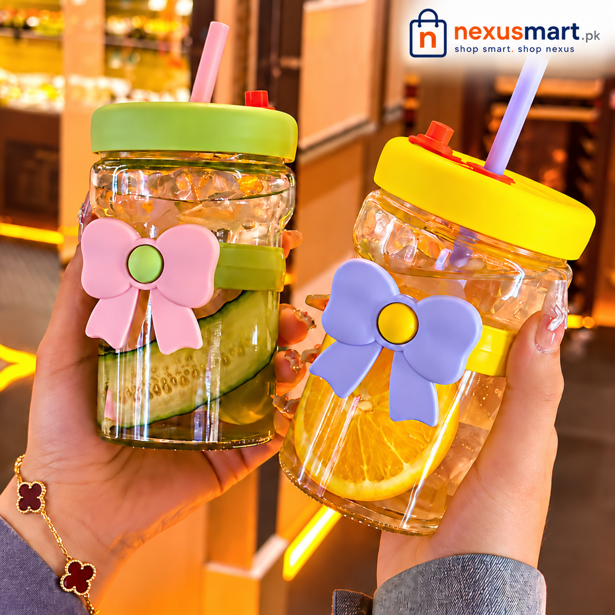 Bow Glass Cup with Straw & Lid – 480ml Cute Drinking Cup