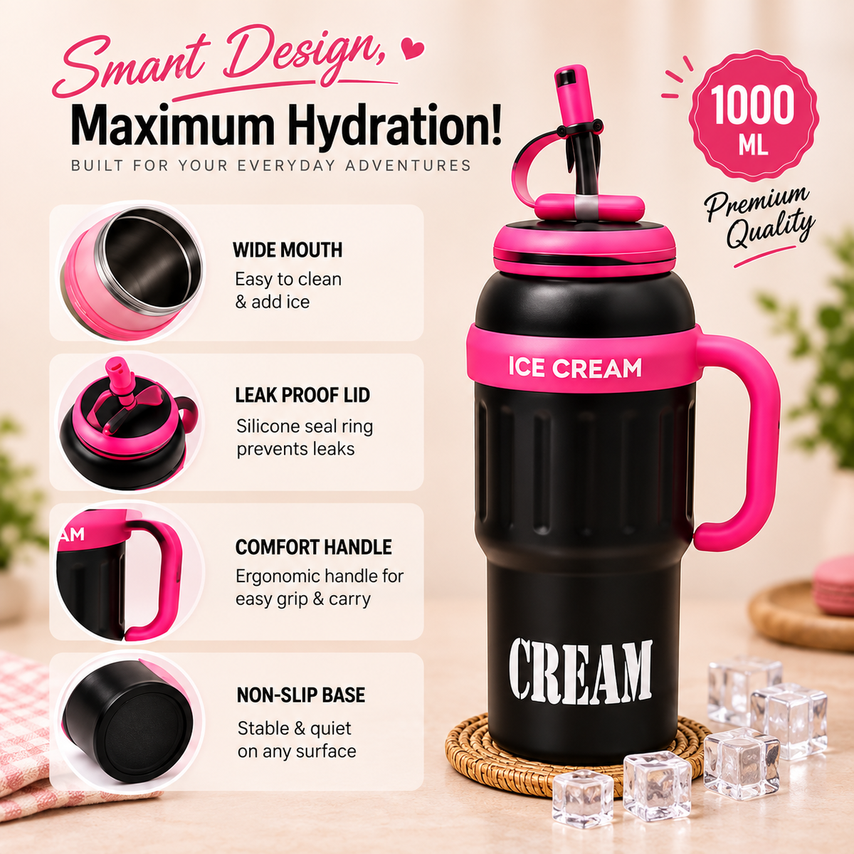 1000ml Ice Cream Design Vacuum Tumbler – Large Reusable Drink Cup