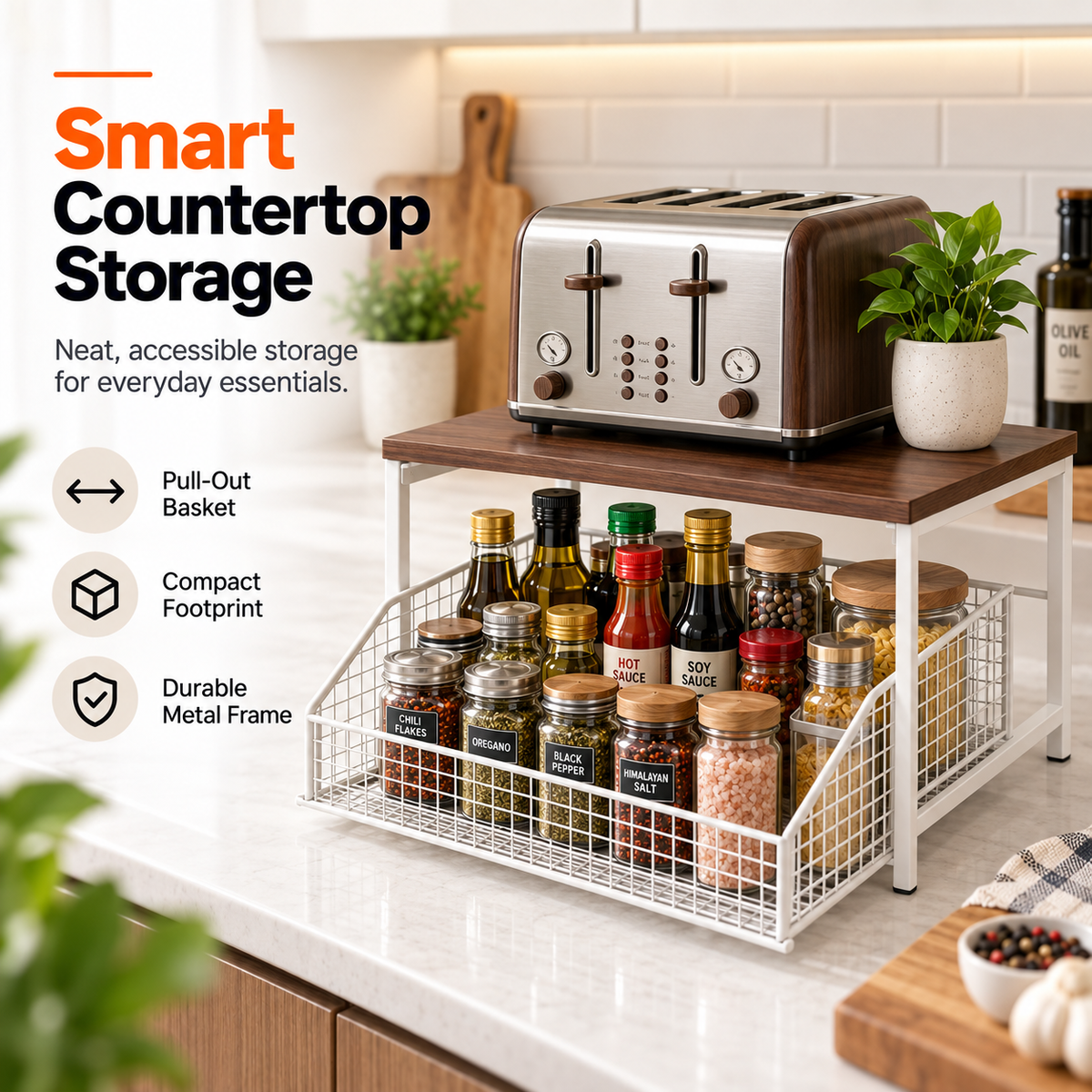 Matrix Sliding Kitchen Counter Organizer – Pull-Out Countertop Storage Rack
