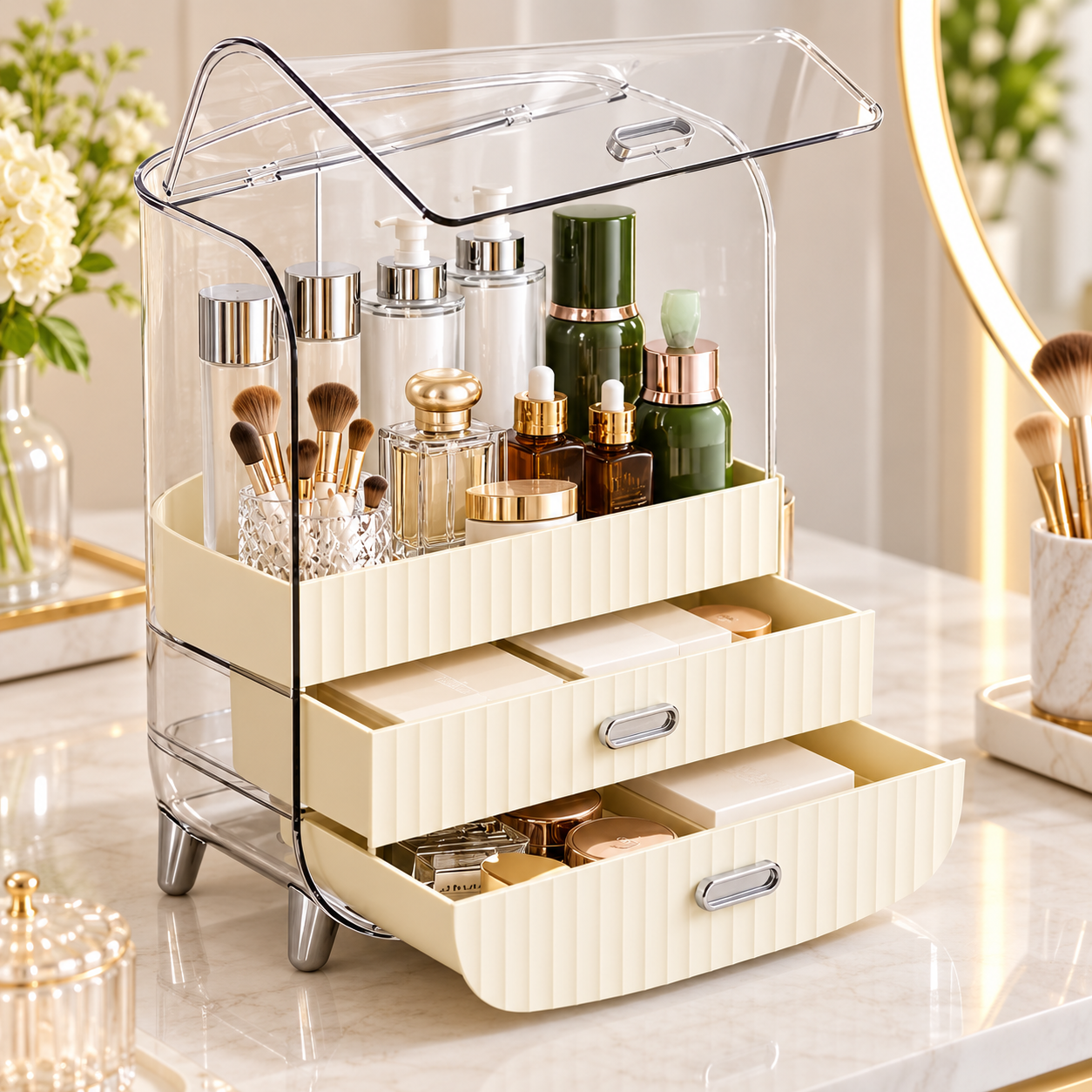 Nordic Cosmetic Storage Organizer with 2 Drawers & Transparent Cover