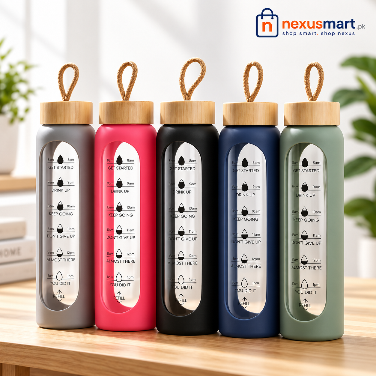 1L Borosilicate Glass Water Bottle with Silicone Sleeve & Bamboo Lid