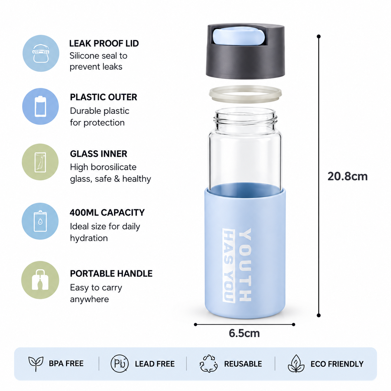 400ml Glass Water Bottle – Compact Reusable Drinking Bottle