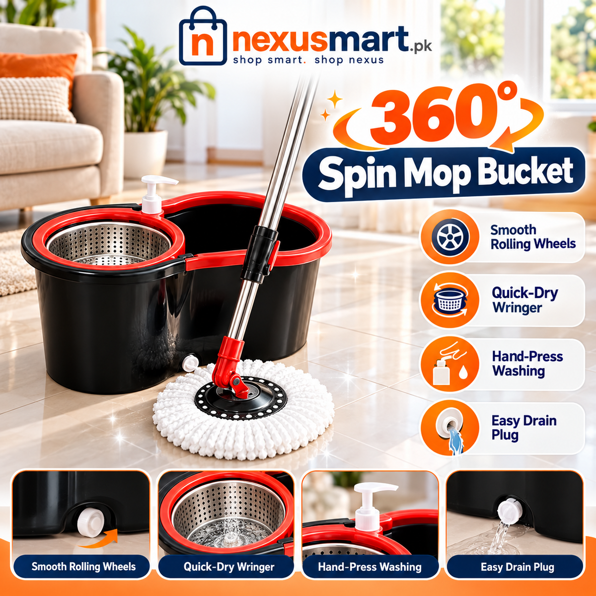 360° Spin Mop Bucket with Wringer – Floor Cleaning System