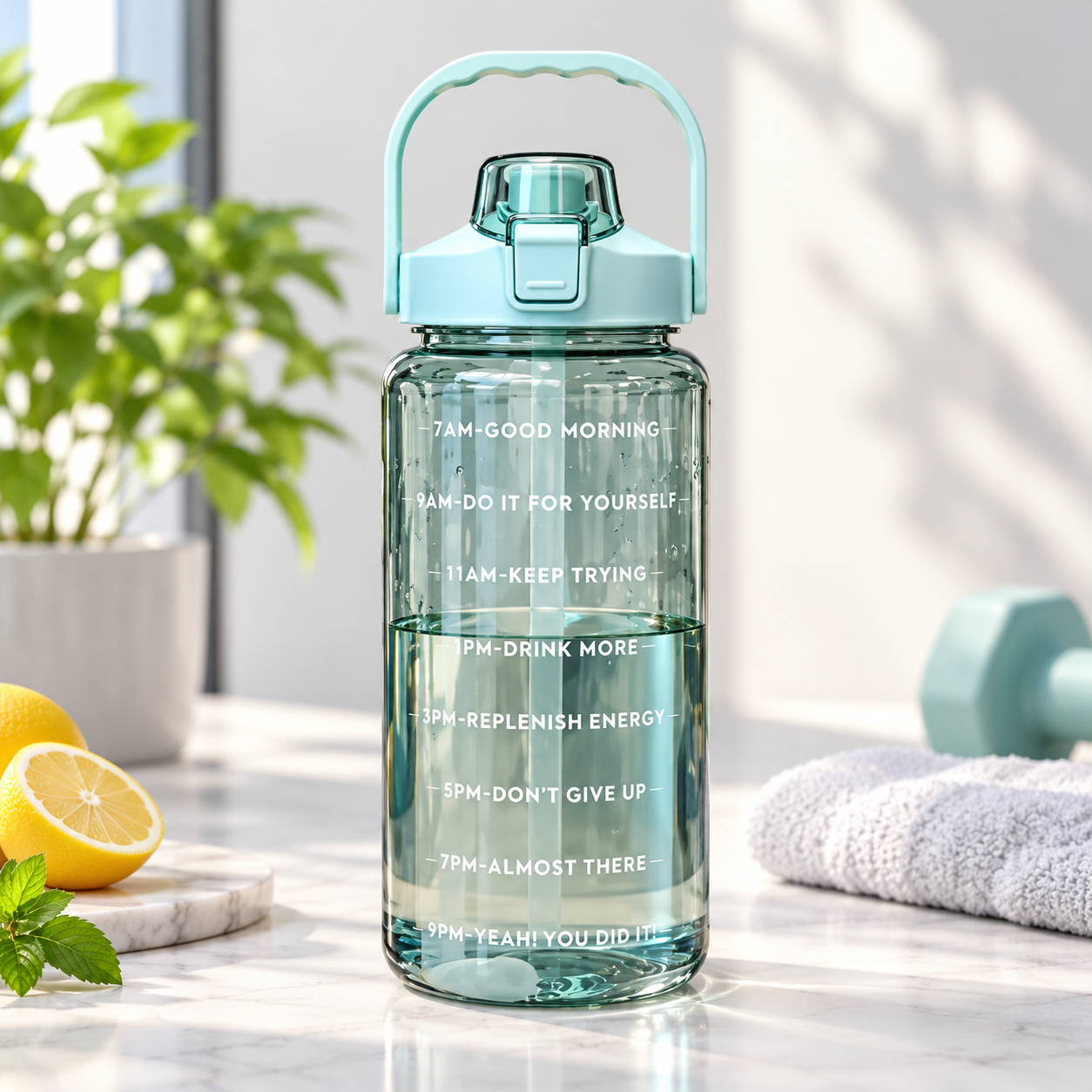 2L Portable Water Bottle with Time Marker for Gym & Fitness