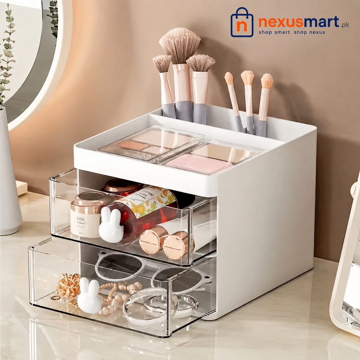 Rabbit Desk Organizer with 2 Drawers – Makeup, Stationery & Desktop Storage Box