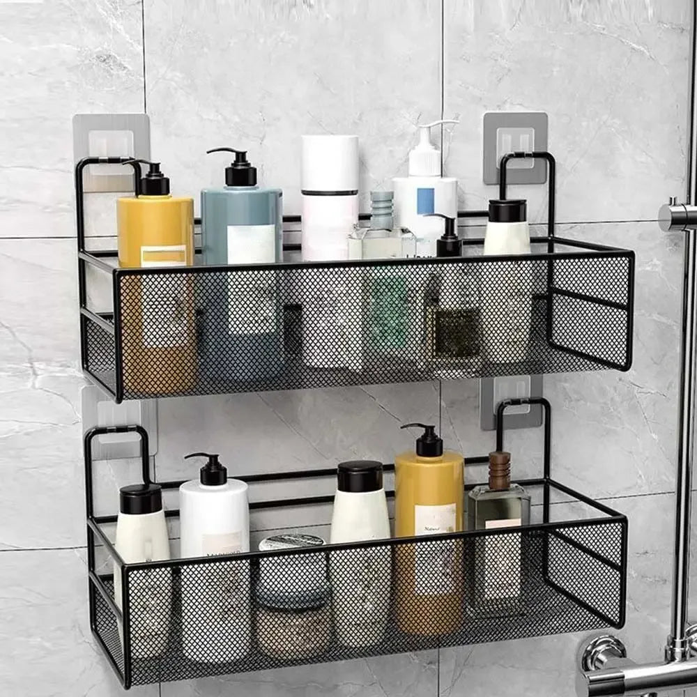 Wall Mounted Bathroom Shelf with Hooks - Black Mesh Organizer