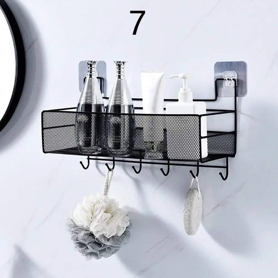 Wall Mounted Bathroom Shelf with Hooks – Black Mesh Organizer