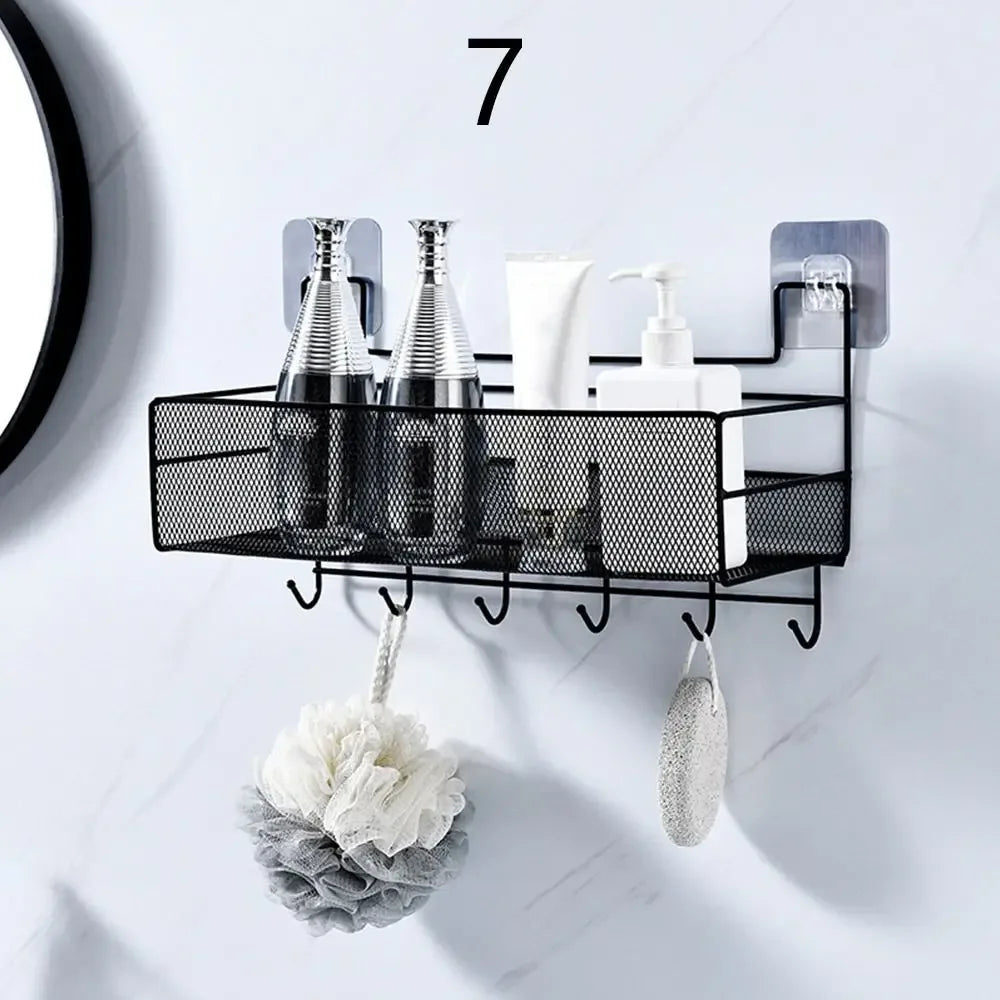 Wall Mounted Bathroom Shelf with Hooks - Black Mesh Organizer