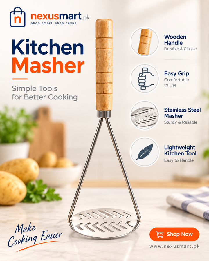 Stainless Steel Potato Masher with Wooden Handle – Kitchen Mashing Tool