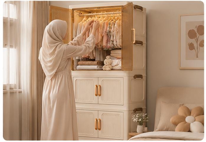 Modular Plastic Wardrobe with Hanging Section & Dustproof Storage