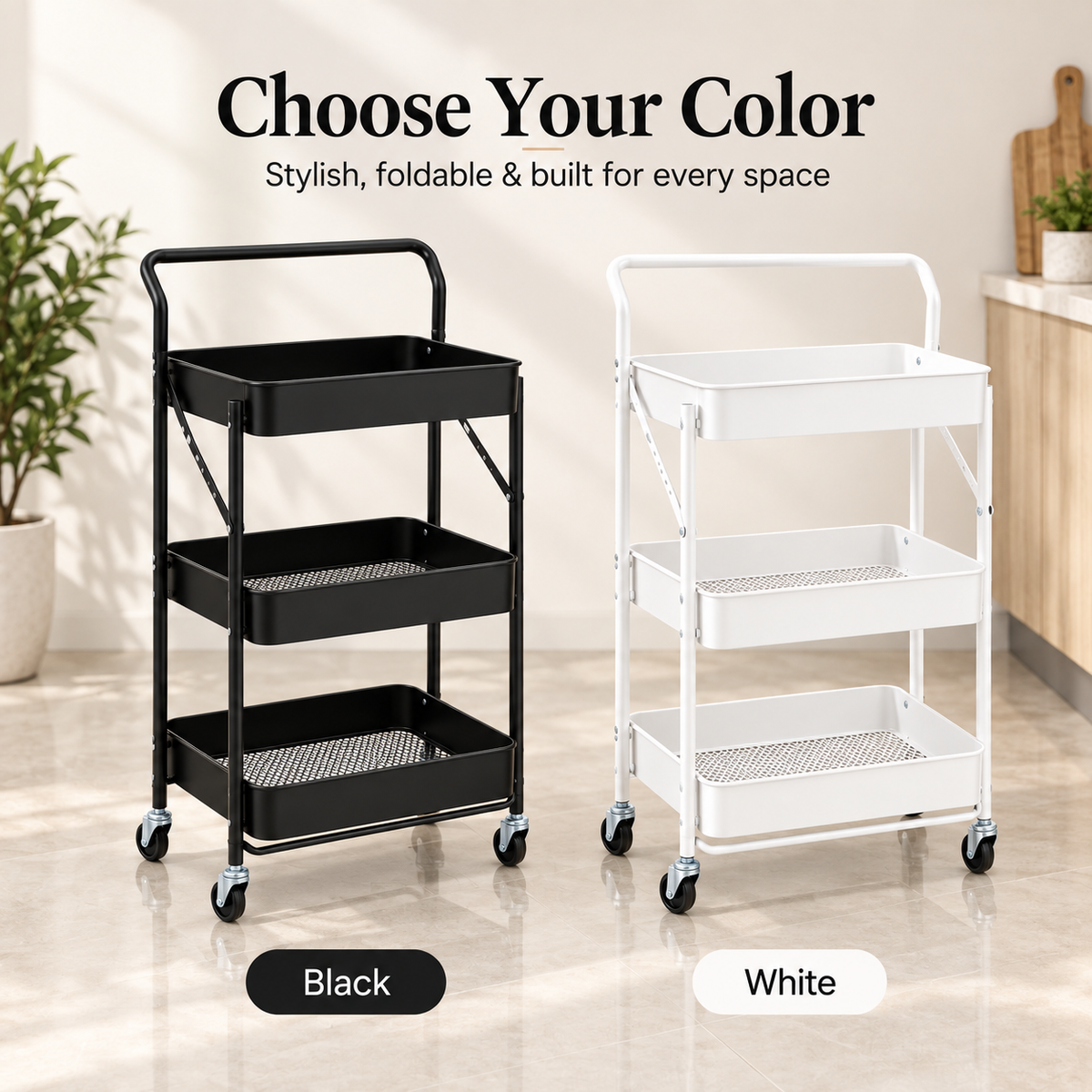 Matrix 3-Layer Foldable Metal Trolley – Multi-Tier Storage Organizer