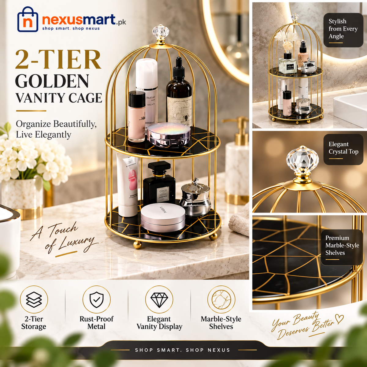 2-Tier Golden Vanity Cage – Cosmetic & Perfume Organizer Stand