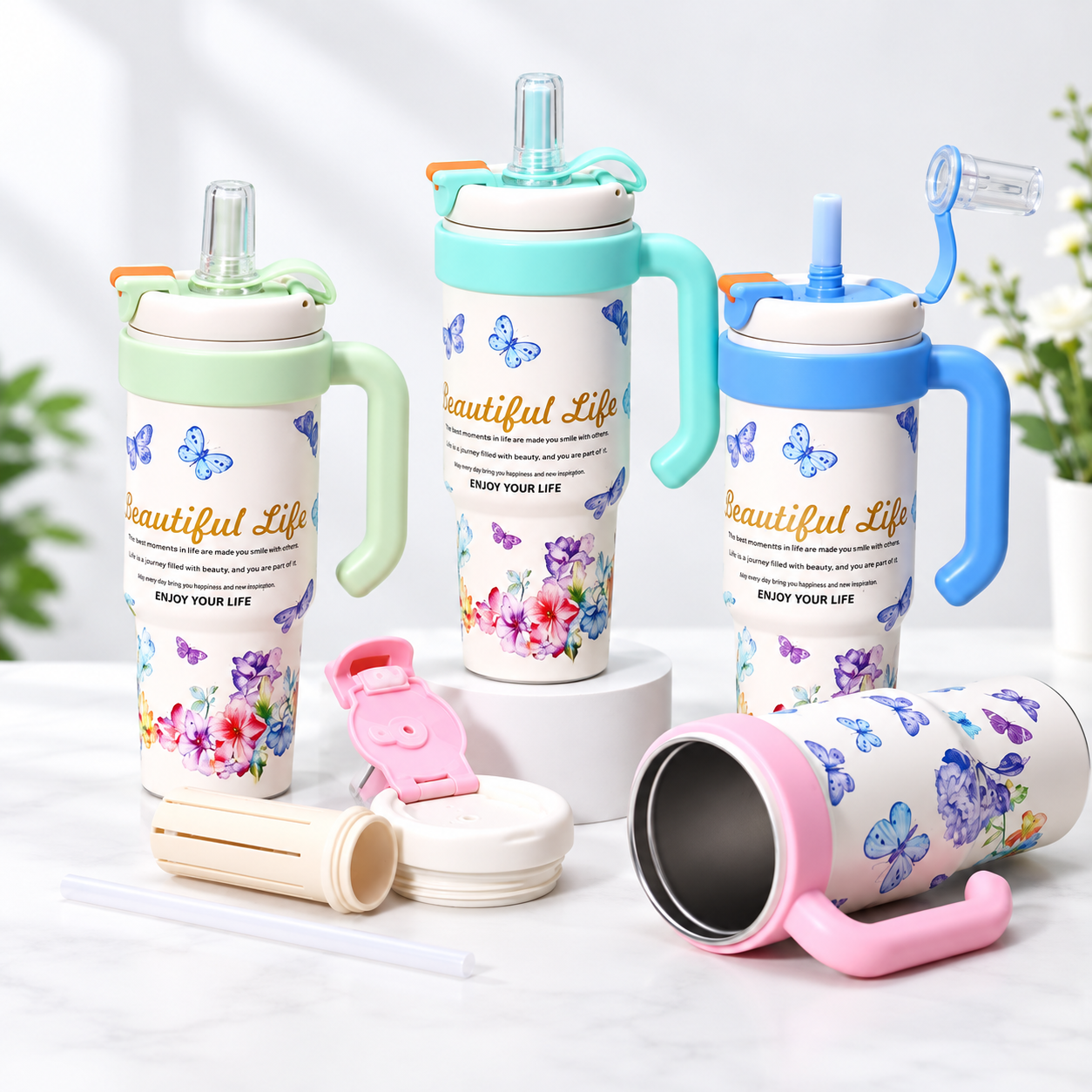 1000ml Insulated Vacuum Floral Tumbler with Handle & Straw
