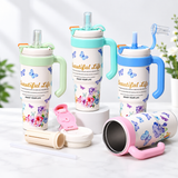 1000ml Insulated Vacuum Floral Tumbler with Handle & Straw