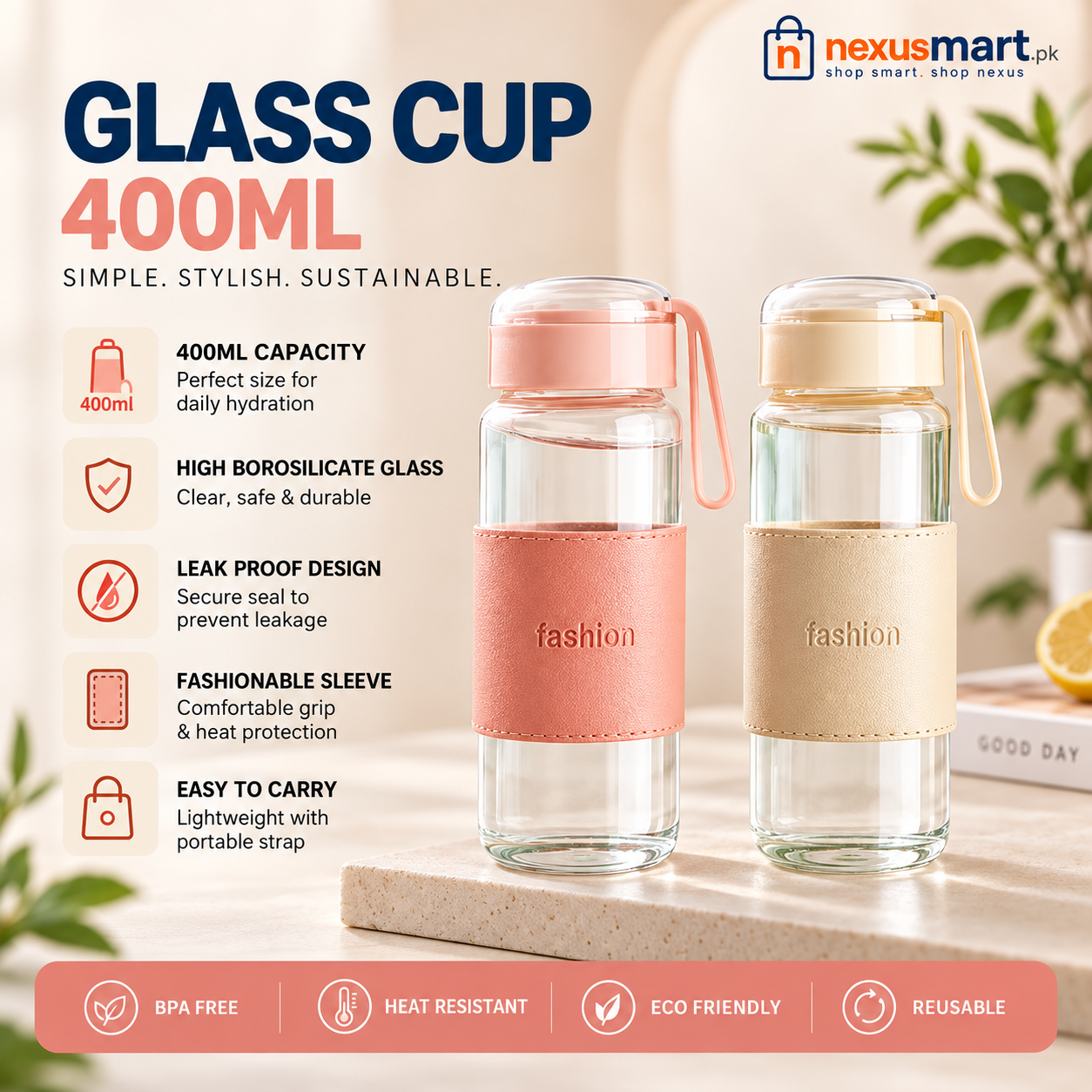 400ml Glass Bottle with Cup – Compact Reusable Drinking Set