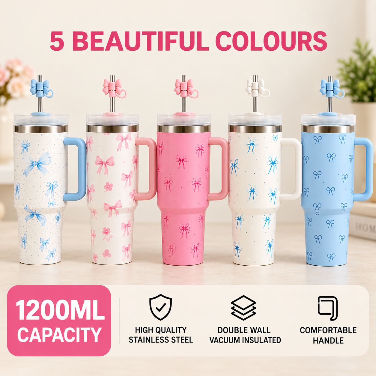 1200ml Bow Design Vacuum Tumbler – Large Insulated Drink Cup