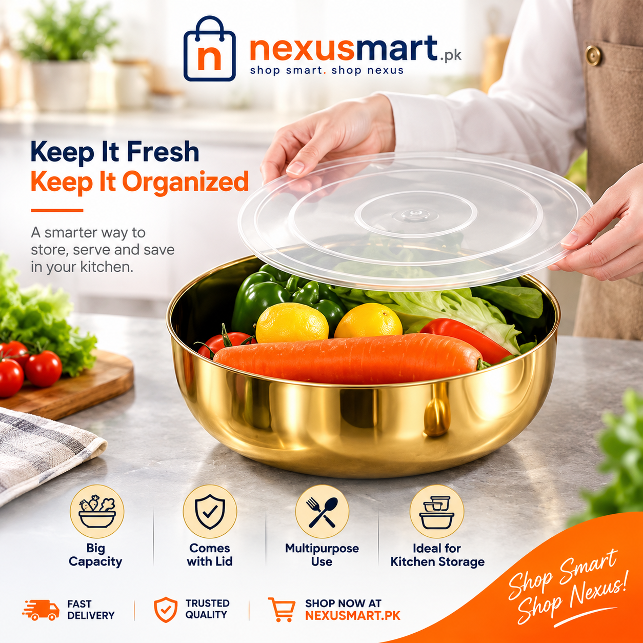 Big Capacity Golden Bowl with Lid – Multipurpose Serving & Storage Bowl