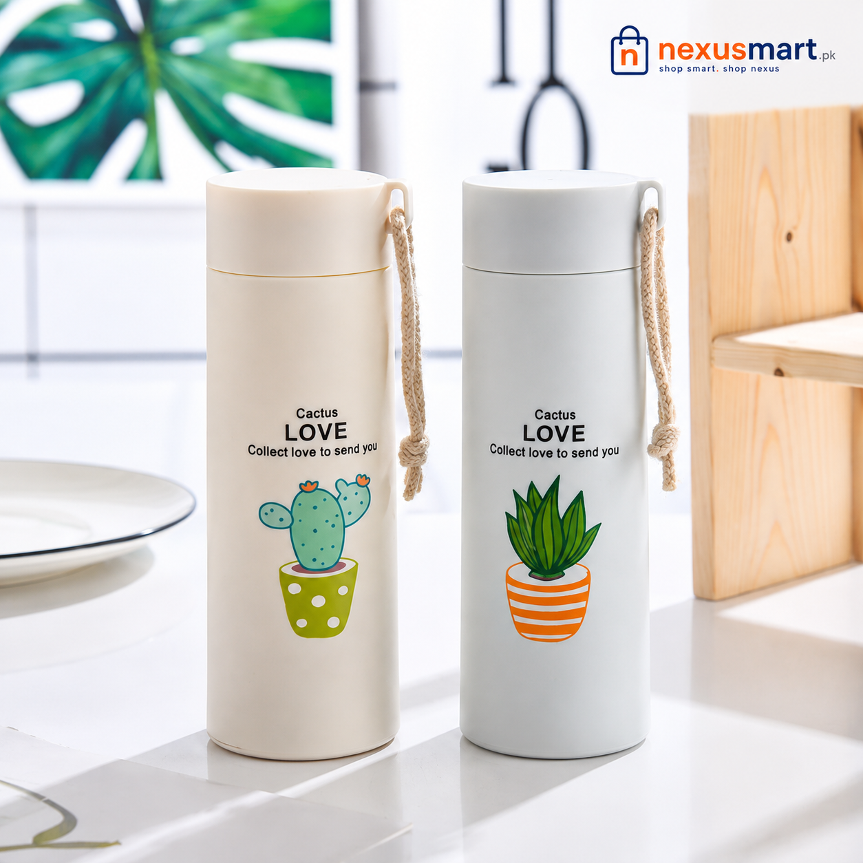 Cute Cactus Glass Water Bottle with Carry Strap – Portable Hydration Bottle