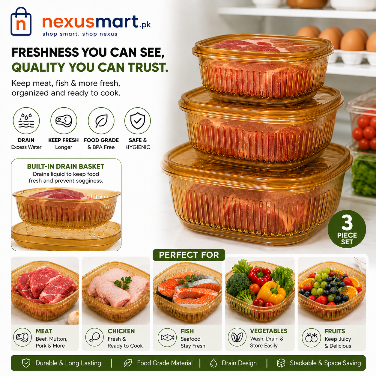 3-Piece Duoro Drain Food Storage Container Set – Stackable Fridge Organizer