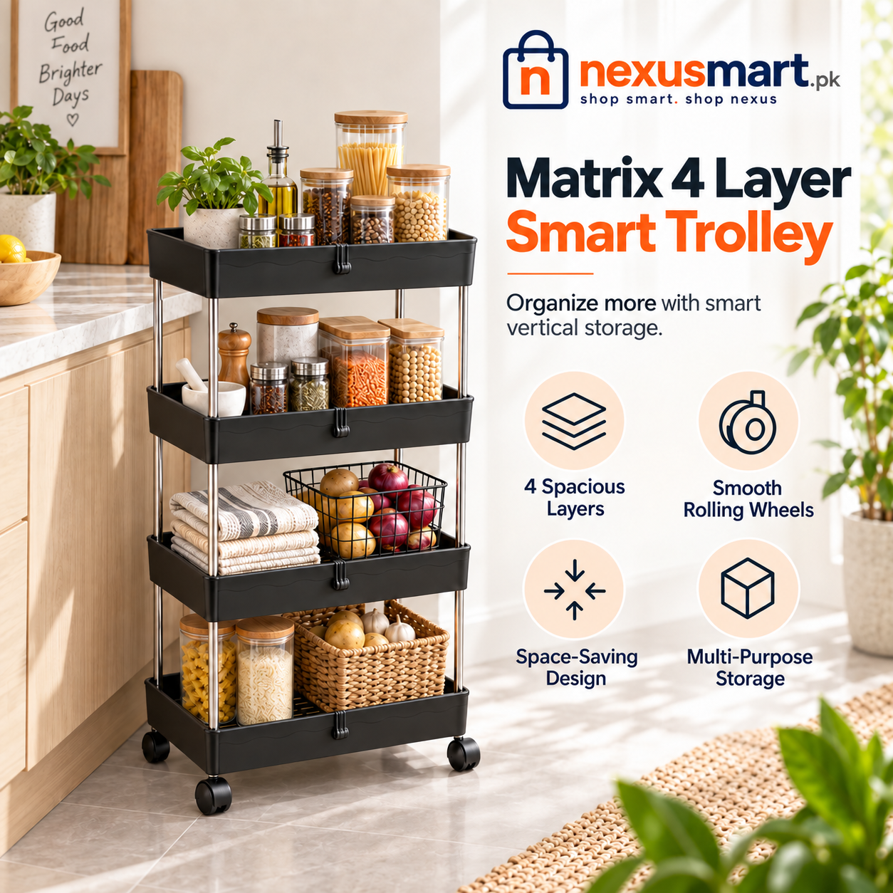Matrix 4-Layer Smart Trolley – Multi-Tier Storage Organizer