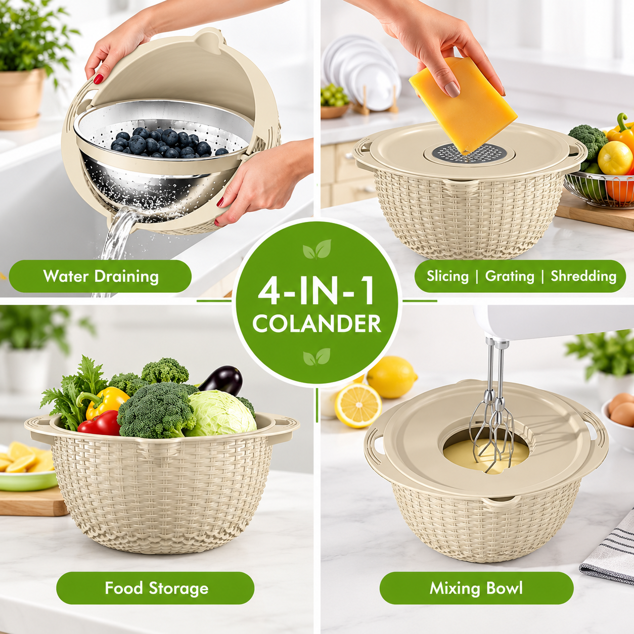 4-in-1 Rotatable Colander with Lid & Grater – Mixing Bowl Strainer Set