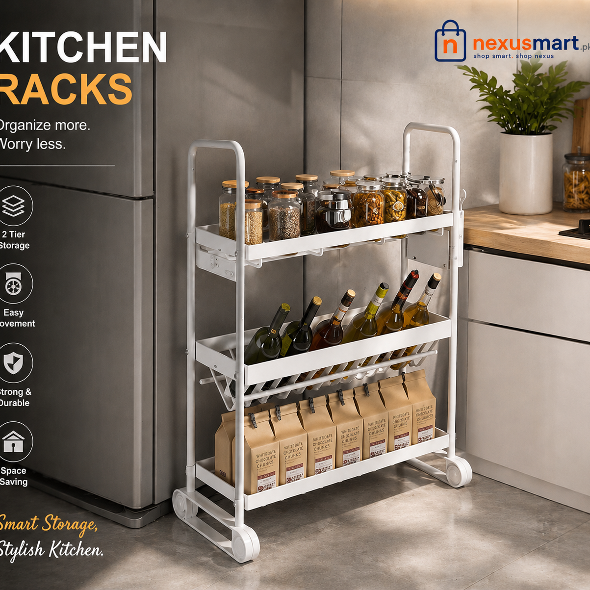 2-Tier Mobile Kitchen Storage Rack – Space-Saving Multipurpose Organizer
