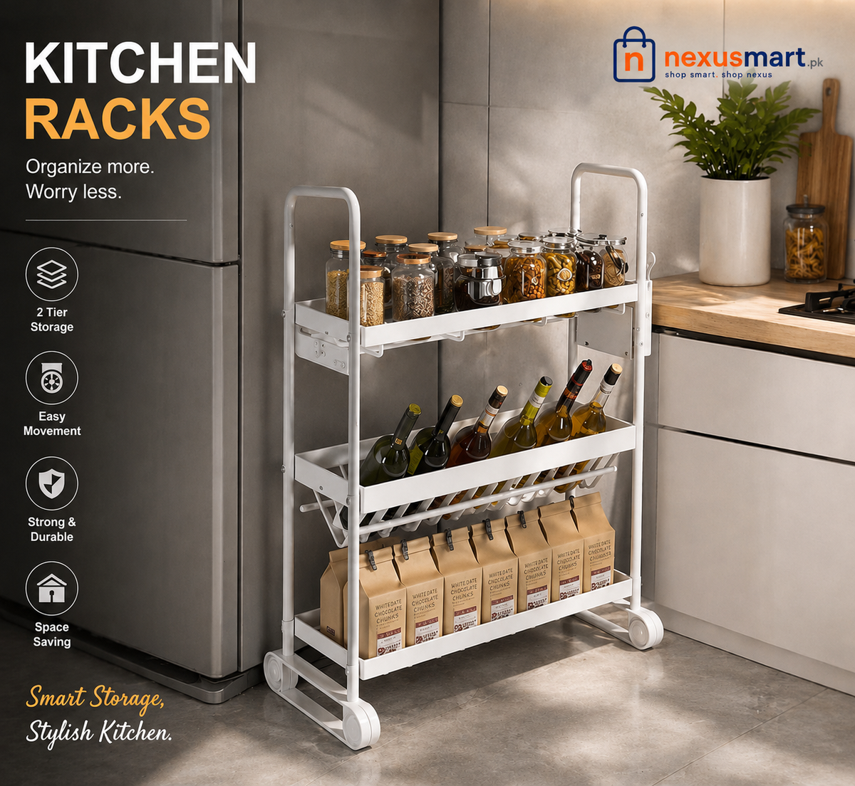 2-Tier Mobile Kitchen Storage Rack – Space-Saving Multipurpose Organizer
