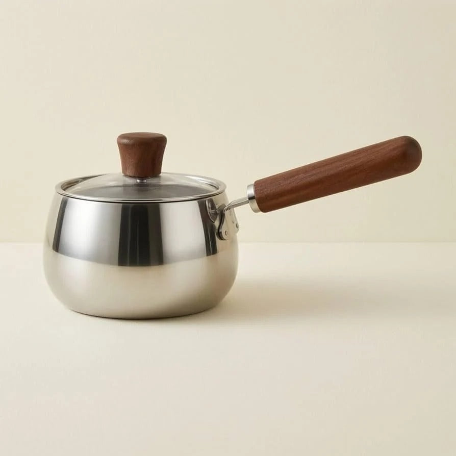 Chubby stainless steel mini pot with wooden handle and glass lid