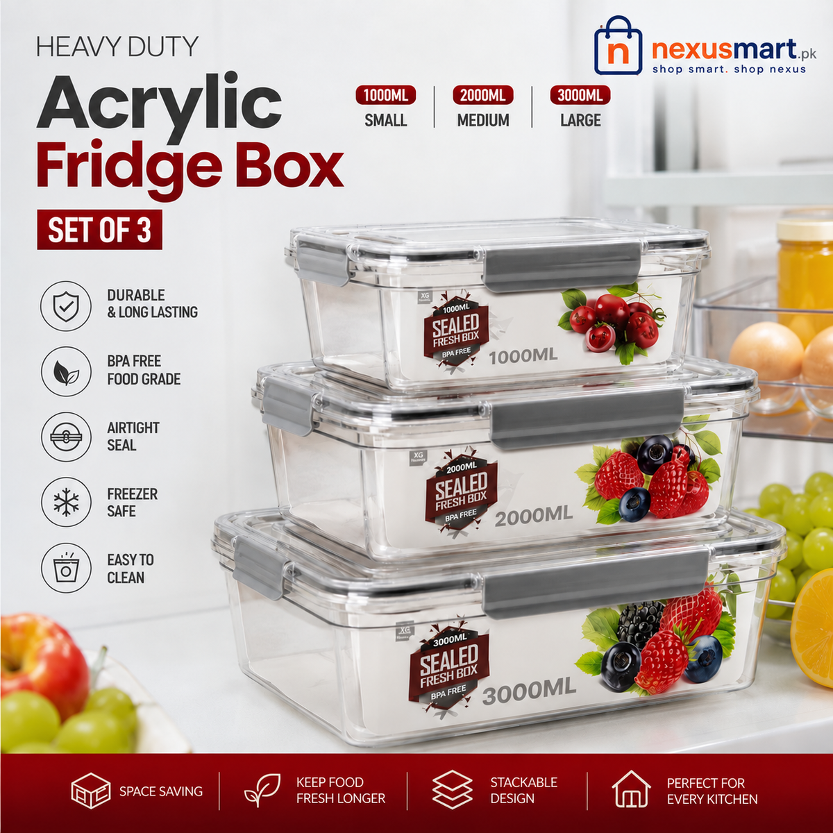 Heavy Duty Acrylic Fridge Storage Boxes – 3-Piece Organizer Set