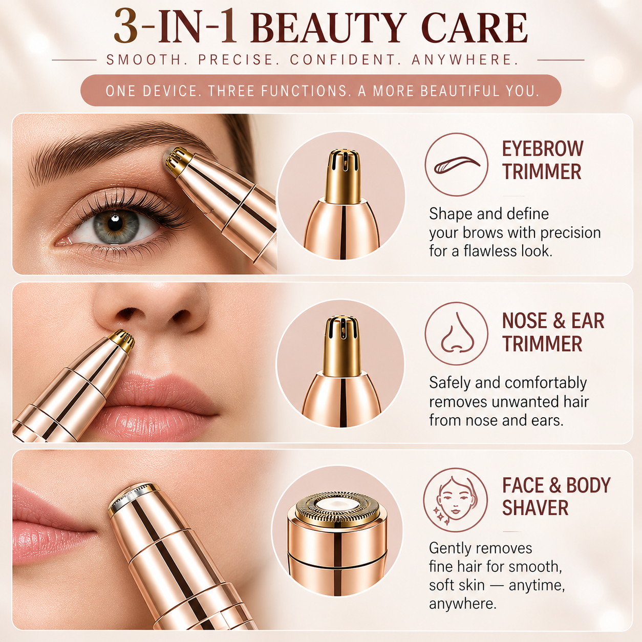 3-in-1 Golden Rechargeable Hair Remover – Facial & Body Grooming Kit