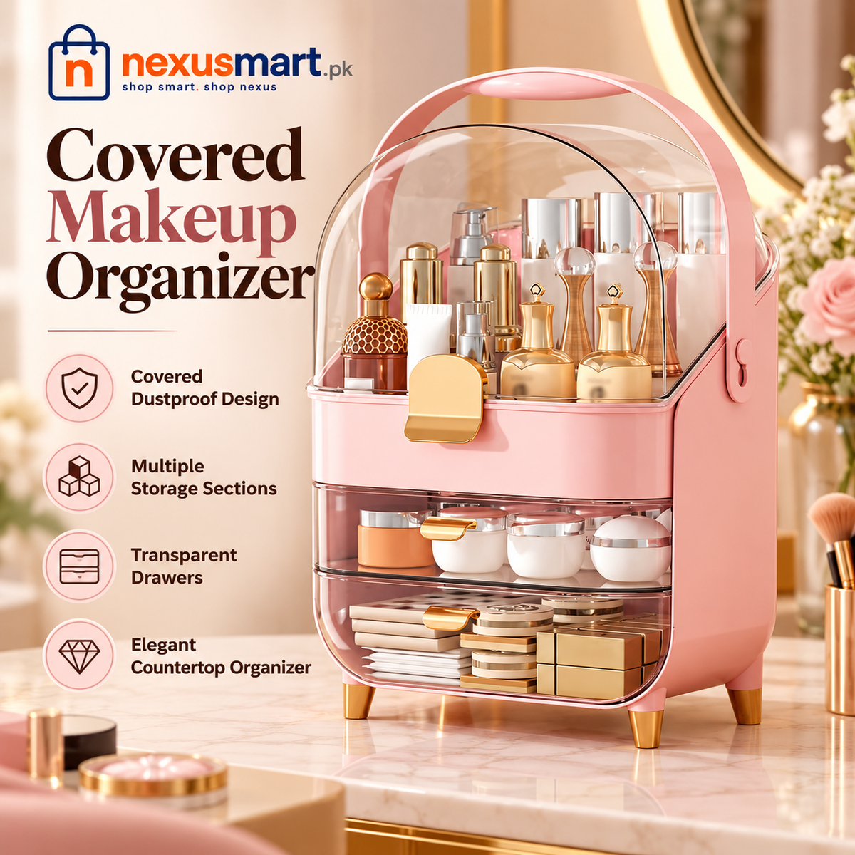 Makeup Organizer Countertop with Covered Top & Storage Drawers