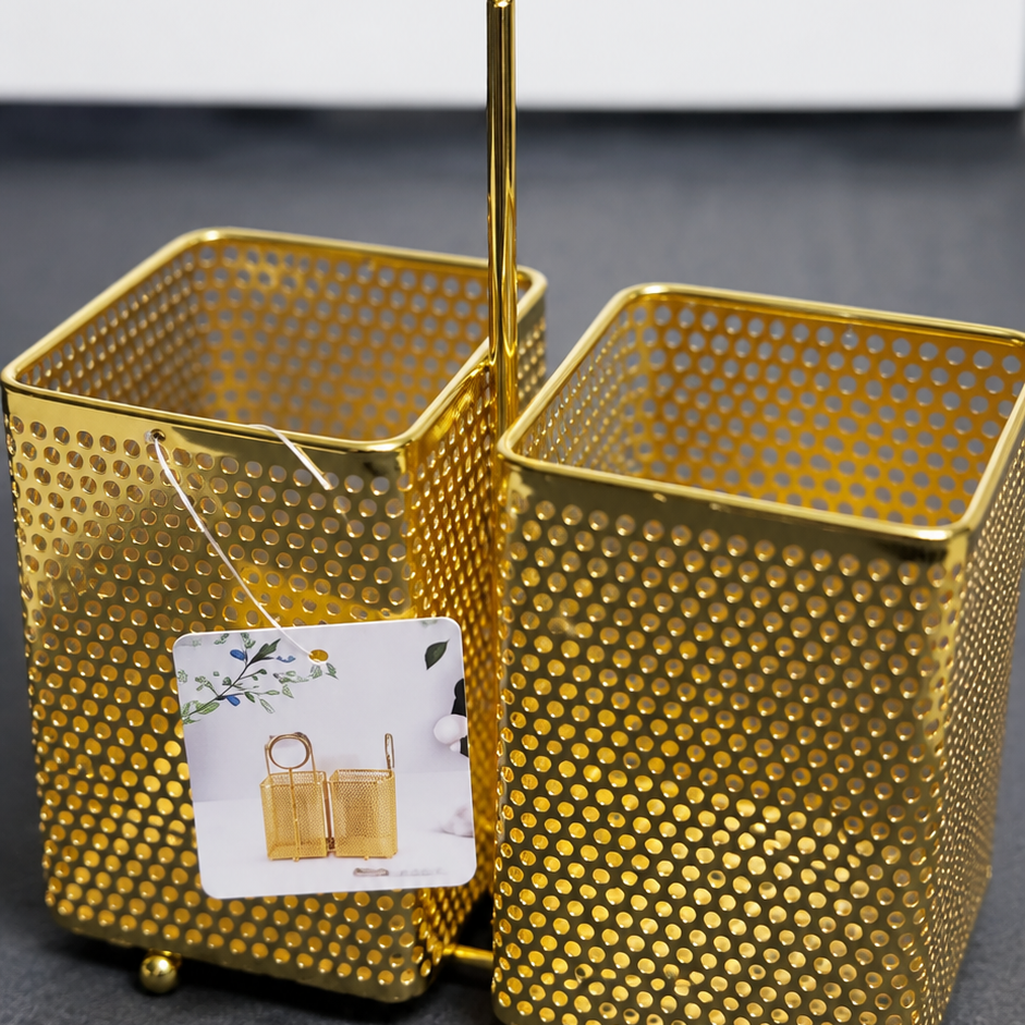 Golden Metal Spoon Holder – Double Compartment Kitchen Cutlery Organizer with Carry Ring