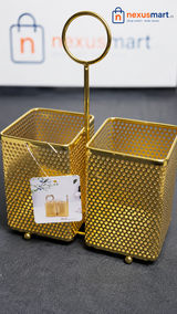 Golden Metal Spoon Holder – Double Compartment Kitchen Cutlery Organizer with Carry Ring