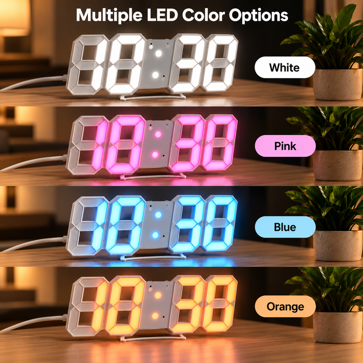 3D LED Digital Wall Clock with Alarm & Auto Brightness