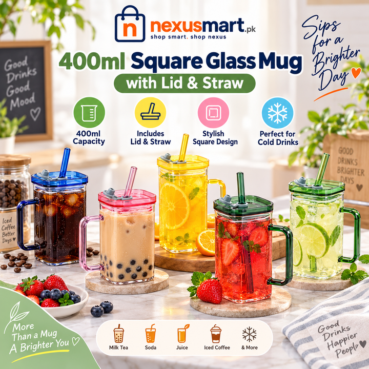 400ml Square Glass Mug with Lid & Straw – Drinking Cup