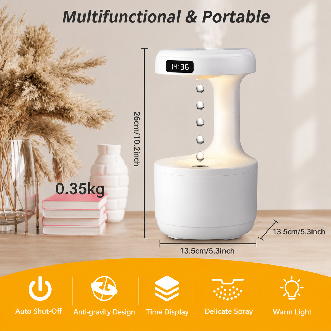 Anti-Gravity Humidifier with Water Droplet Effect, Night Light & Digital Display