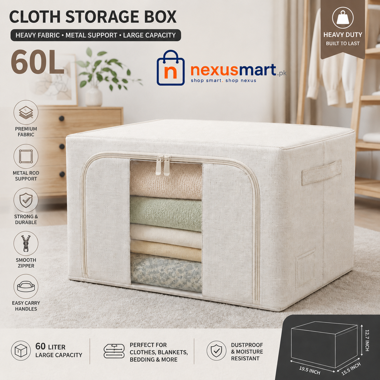 60L Heavy Duty Cloth Storage Box with Metal Rod Support – Foldable Organizer