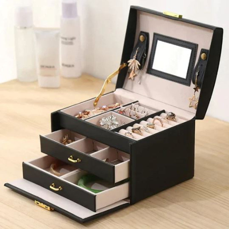 3 Layer Luxurious Large Capacity Jewellery Organizer Double Drawer Leather Box